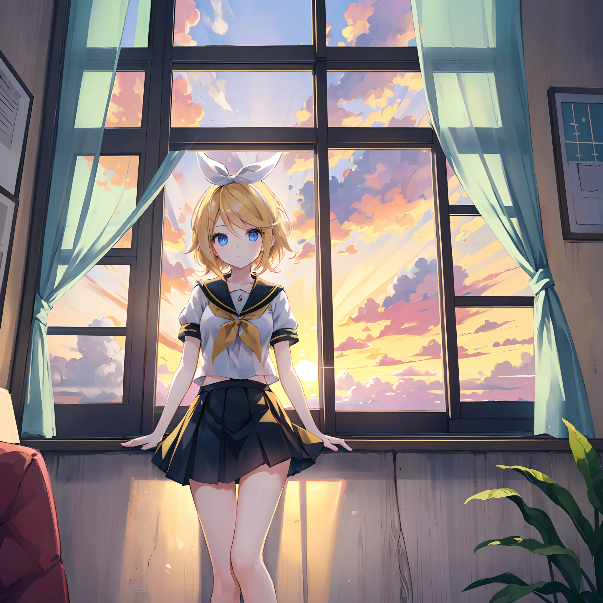 Anime girl standing in front of a window with a sunset in the background -  SeaArt AI