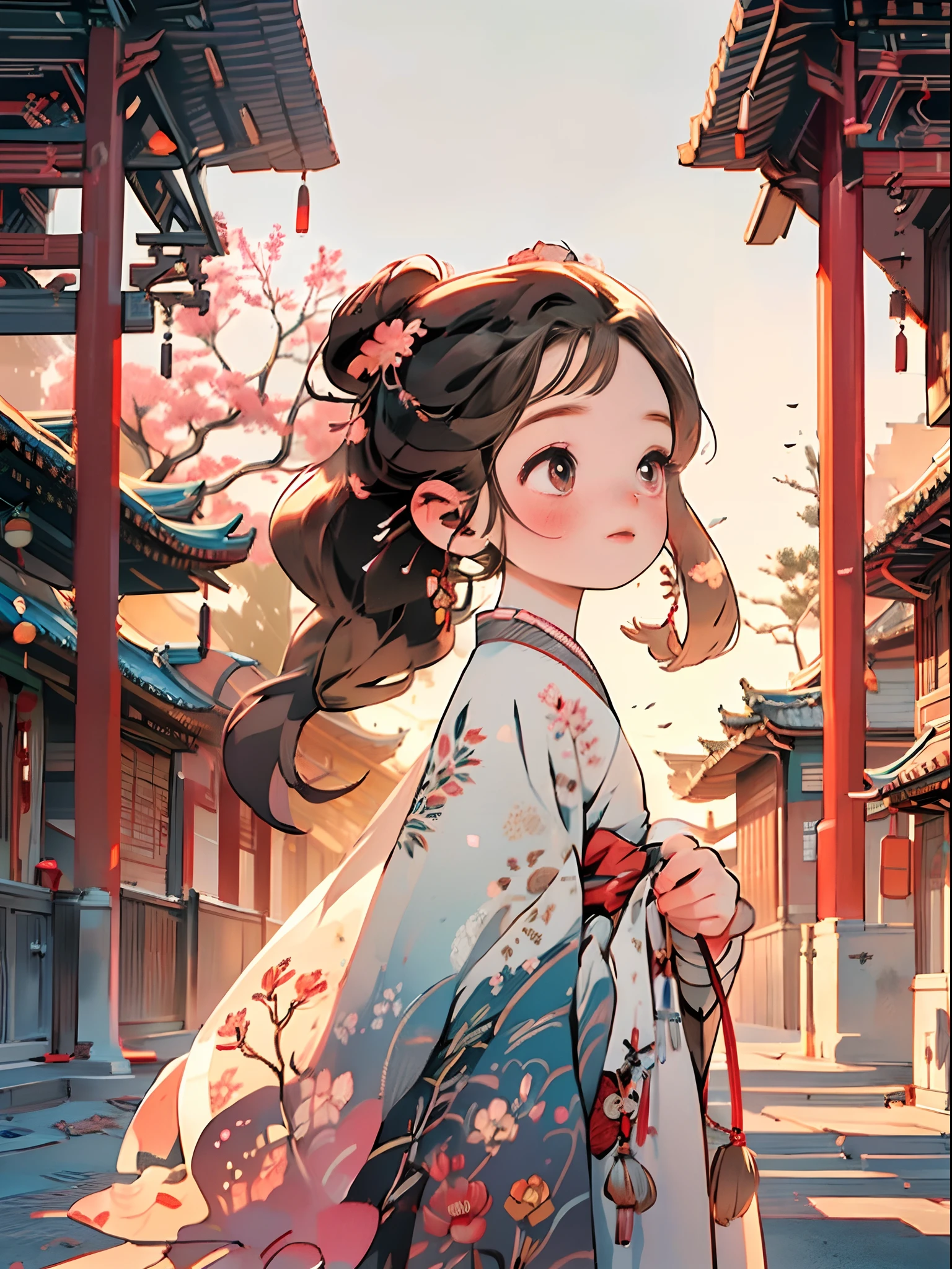 Best quality,8K,A high resolution,Masterpiece:1.2),Ultra-detailed,(Realistic:1.37),Girl's beautiful and delicate face and eyes,wearing traditional Japanese kimono, Walk through the tranquil pond,Soft and delicate brushstrokes in cute and detailed digital artwork,beautiful detailed lips,Extremely detailed eyes and face,Long eyelashes,Ghibli animation style whimsical and dreamy atmosphere,Picturesque peaceful garden，Cherry blossom trees in the background, A vibrant and pastel color palette, Capture the essence of traditional Japanese culture,With a touch of modern aesthetics,Stylish and elegant kimono design,Subtle sunlight shines through the trees，Reflected on the surface of the water,Create magical and captivating scenes,An artistic interpretation of cute and anime-style visuals,Combining traditional and digital art elements,Immerse the audience in the world of kawaii culture,Showcasing the beauty and charm of traditional Japanese costumes,Create a sense of peace and tranquility,A lovely and captivating work of art，Evokes a sense of joy and well-being，At the same time, it pays homage to the rich cultural heritage.