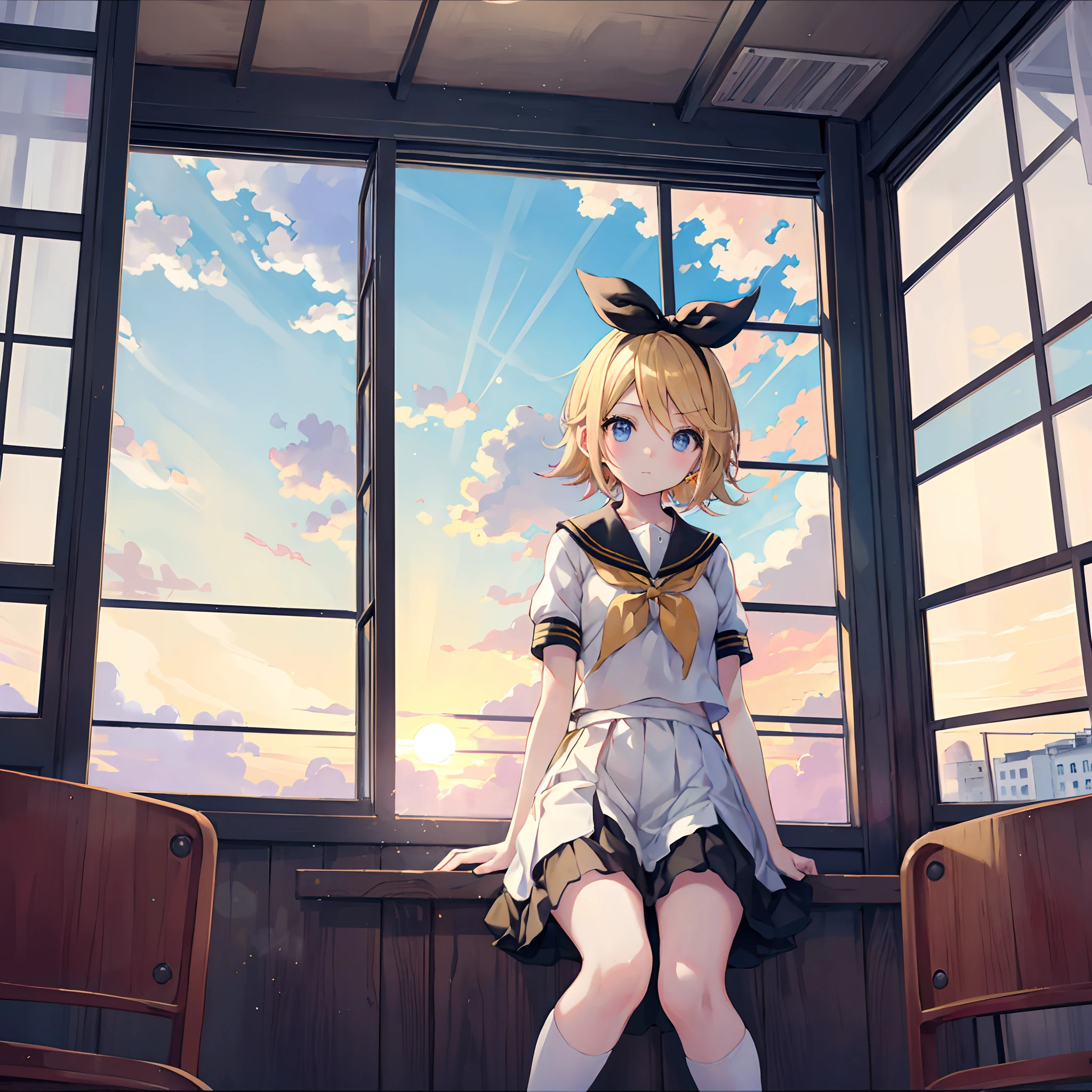 Anime girl sitting on a window sill looking out at the sky - SeaArt AI