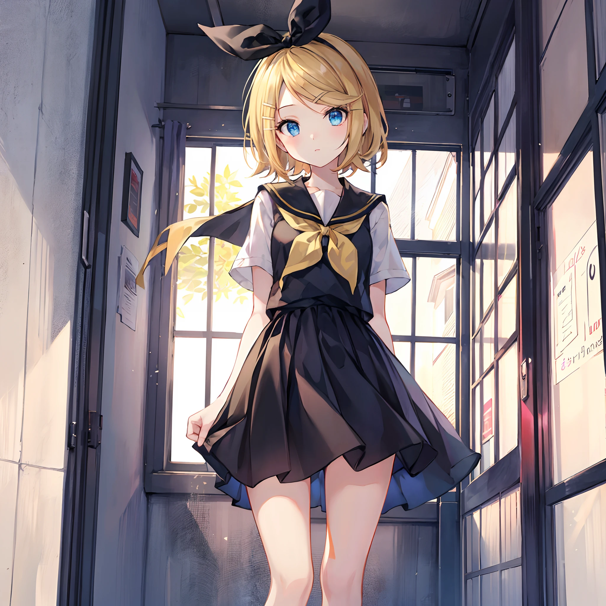 Anime girl in a short dress standing in a hallway - SeaArt AI