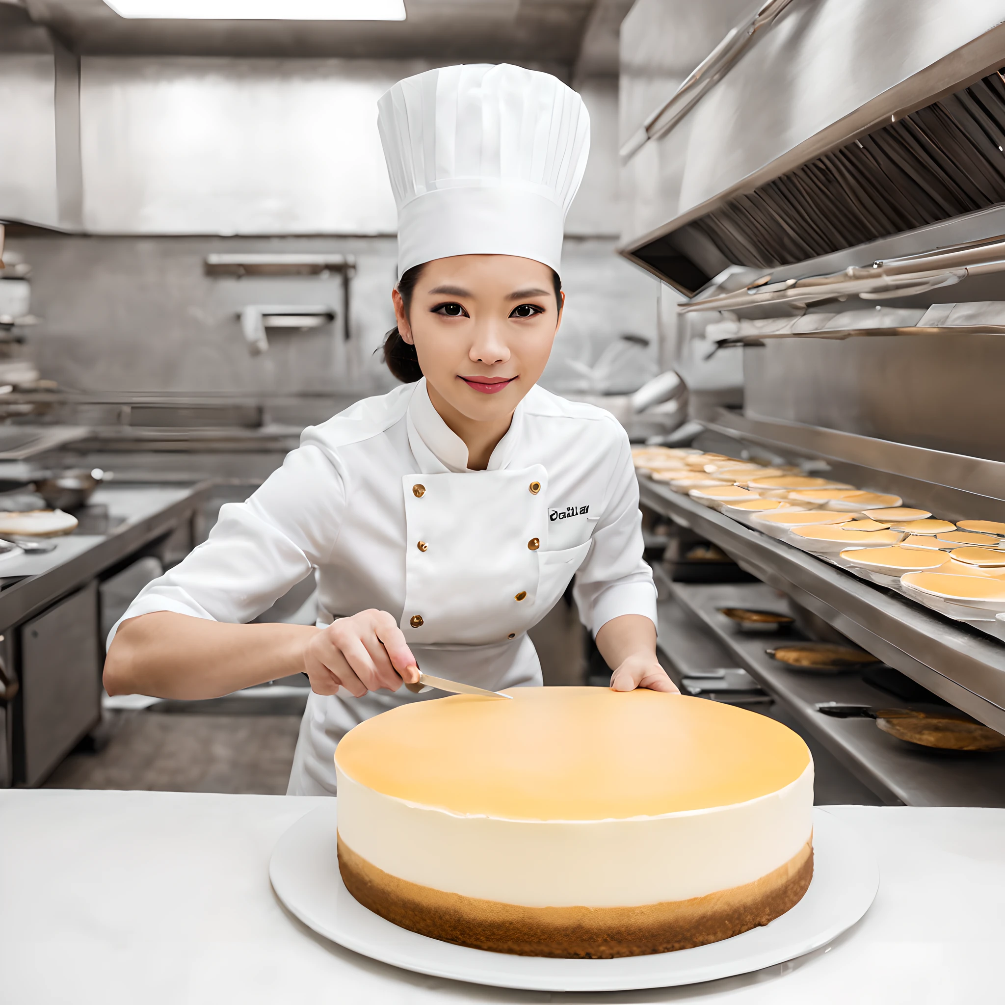 Pastry chef baking cheesecake、Female Pastry Chef、bionde、２０generation、kitchens、