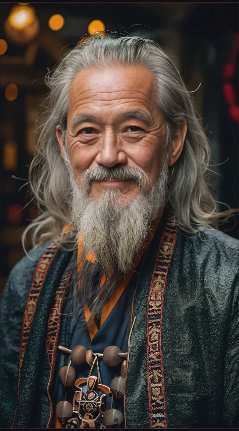 An old man，Wearing a monk's robe，Face to the camera，The expression is kind