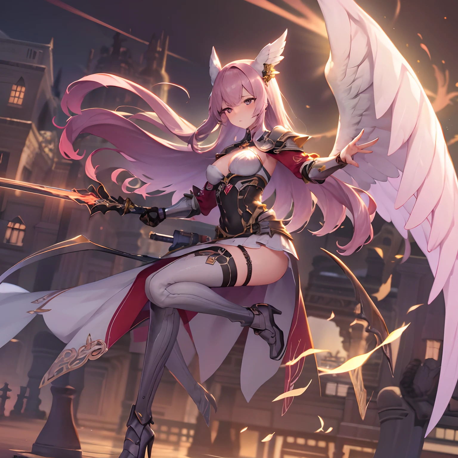 Future Girl, Dark skin, a purple eye, spaces, Purple hair, Blue hair, Pink hair, Long hair, Dark skin, Futuristic Coffee Shop Girl 1, spreading her wings, wearing a coat of white feathers,,, Wings full of the back, Radiant Hello, long hair flowing, Mechanical wings dancing delicately at the waist, Medium Figure, Sunken navel, curtains of white feathers on the pelvis move slightly,,, Mini wings scattered on the body, multiple wings with a yellow sheen,, Soft yellow fire between the wings.((16 K,Ultra Definition、The highest masterpiece,Best Quality)), maxiskit, dress conservatively 1 girl, 独奏, Full body, wide shoot, Graceful standing, holding sword down, White hair, Long hair, valkyrie, armor, Angel, White bra, side bun, from the front side, extra size body, Night, mont, look at viewr（（Super best quality））， （（A very masterpiece））， （（super detailing：1.4））， （（hyper realistic lifelike 3d））， Dragon Warrior Girl， Mechanical body， Dynamic action poses in battle scenes， Mechanical weapons of very complex and heavy fighters， Off-the-shoulder fashion that blends dense and complex steampunk with dense gothic lolita， Complex steampunk headgear， very thin long legs， Mechanical boots above the knee， Fluttering lace flared mini skirt， beautiful small breasts directed upwards，Slightly long, vertically curly silver hair flutters in the wind，Countless shining large spheres flying around，Many sparks cross and fly，Countless neon signs rained down from magic-evoking gestures，Steampunk Factory，Complex and precise mechanical ruins，Very dark night background，Very dramatic and cinematic lighting。