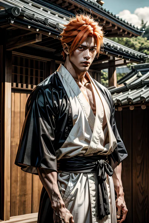 1 male samurai, orange hair, strong muscle, mature and steady, wearing white and black kimono, detailed eyes, detailed face, Pav...