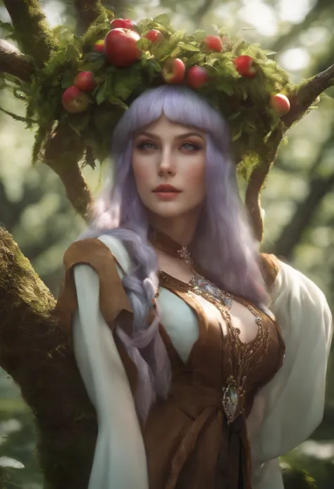 apple, forest ::-1 big bad wolf, wood ::2 multicolored hair, long hair, hair over shoulder, asymmetrical bangs, shiny hair, tentacle hair, hair ornament, jewelry, kanzashi, mouth veil, mismatched pupils, heterochromia, gloom, smile, unreal engine, cinemati...