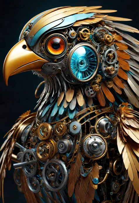 best quality,ultra-detailed,realistic:1.37,mechanical bird,metallic feathers,shining eyes,multicolored wings,precision-shaped gears,mechanical beak,steam emitting,mechanical ,artificial intelligence,robotic movement,masterpiece:1.2,sci-fi,chromatic color scheme,dimly lit scene,industrial background,highly detailed feathers,exquisite craftsmanship,mechanical chirping sound,magical realism.