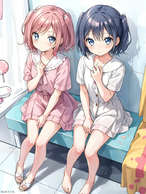 the anime, chibi, Chibi girl in the bathroom, sits in the bathroom, She pressed her knees to her chest, A bathtub full of water, spills over the sides