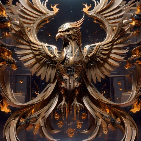 ((Best quality)), ((Masterpiece)), (Very detailed: 1.3), 8K, Giant mechanical phoenix, Wings, eagle claws, feater, Metallic text...