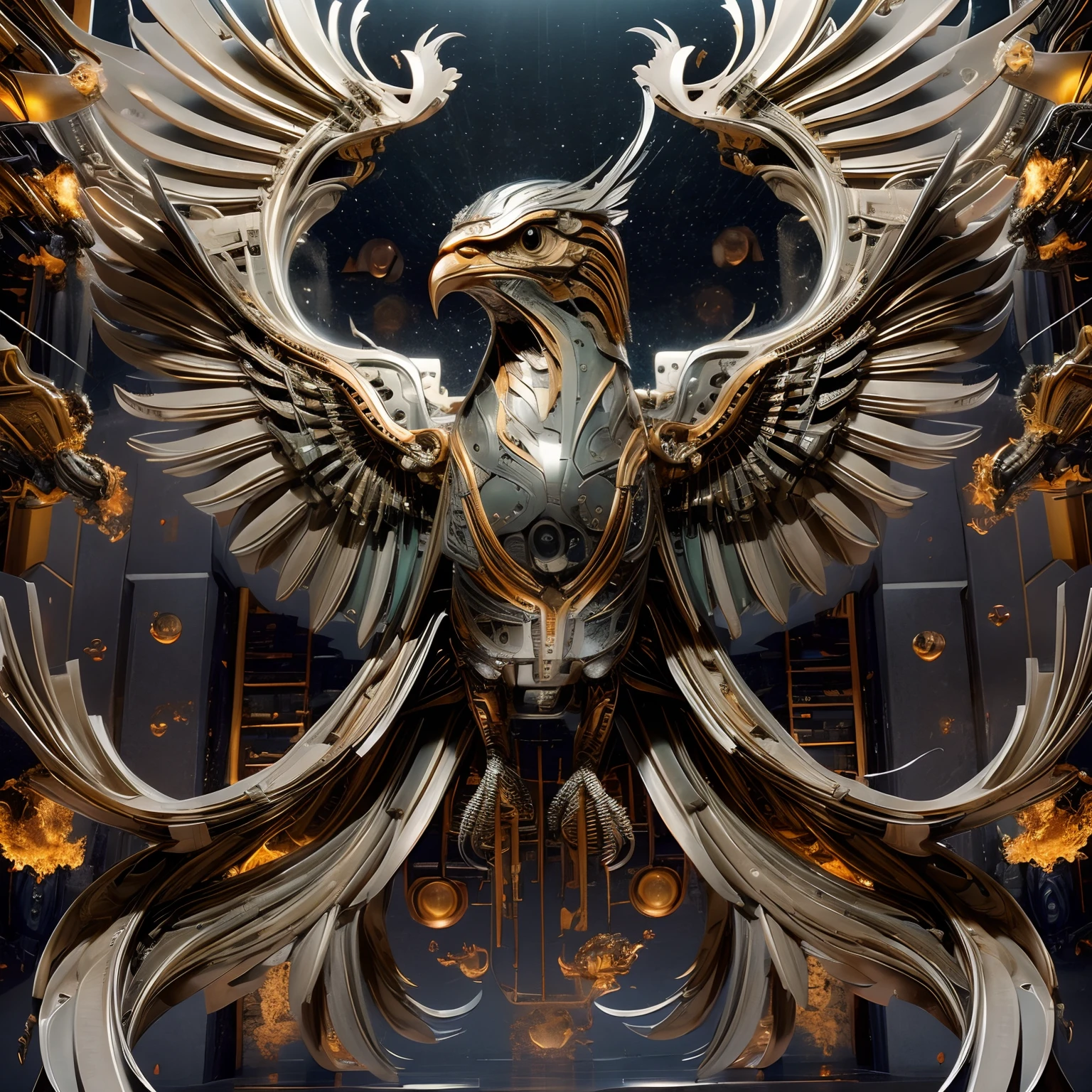 ((Best quality)), ((Masterpiece)), (Very detailed: 1.3), 8K, Giant mechanical phoenix, Wings, eagle claws, feater, Metallic texture, Futuristic style, mechanicalparts, High-tech, Sharp eagle beak，(The whole body is fiery red)，(Bubbling with fire)，intricately details, Majestic, Flying pose, Dynamic composition, Vibrant colors, Best lightning, dystopian, Full view, soaring through the sky