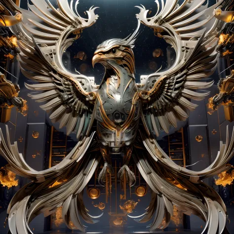 ((Best quality)), ((Masterpiece)), (Very detailed: 1.3), 8K, Giant mechanical phoenix, Wings, eagle claws, feater, Metallic text...