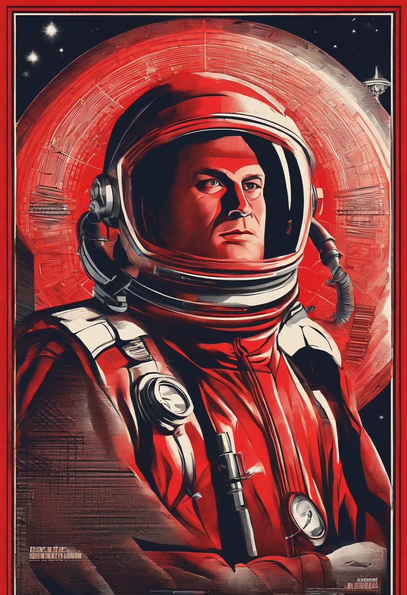 A scientist in a scientific coat turned his back to us，looking at the stars，hard core，Technologie，Red monochrome,USSR Poster,urss,communism