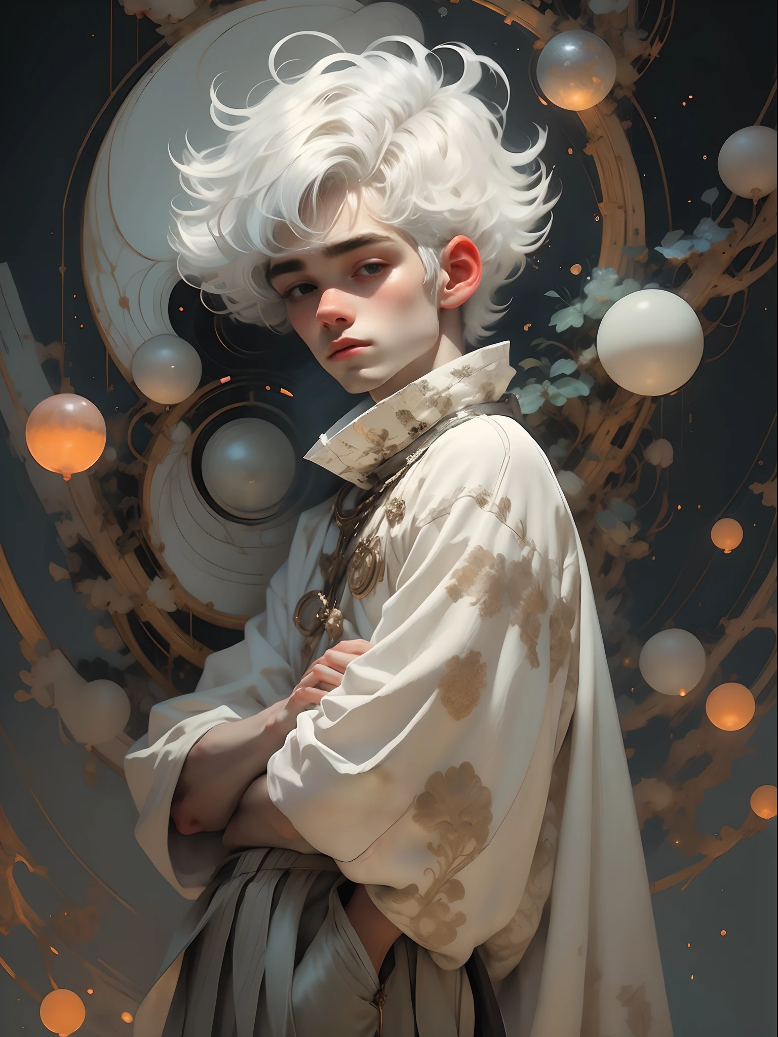 It shows a silhouette of a beautiful boy with his hands crossed and thinking. He has short silver-white hair and wears a white skirt. The skin on his upper body is fair and flawless, silver-white, with a mysterious and dreamy color. The whole image design is simple and dreamy. The style features bright pastel colors, the boy has a beautiful and delicate face, exuding a mysterious and charming aura, close-up --ar 1:1 --s 180