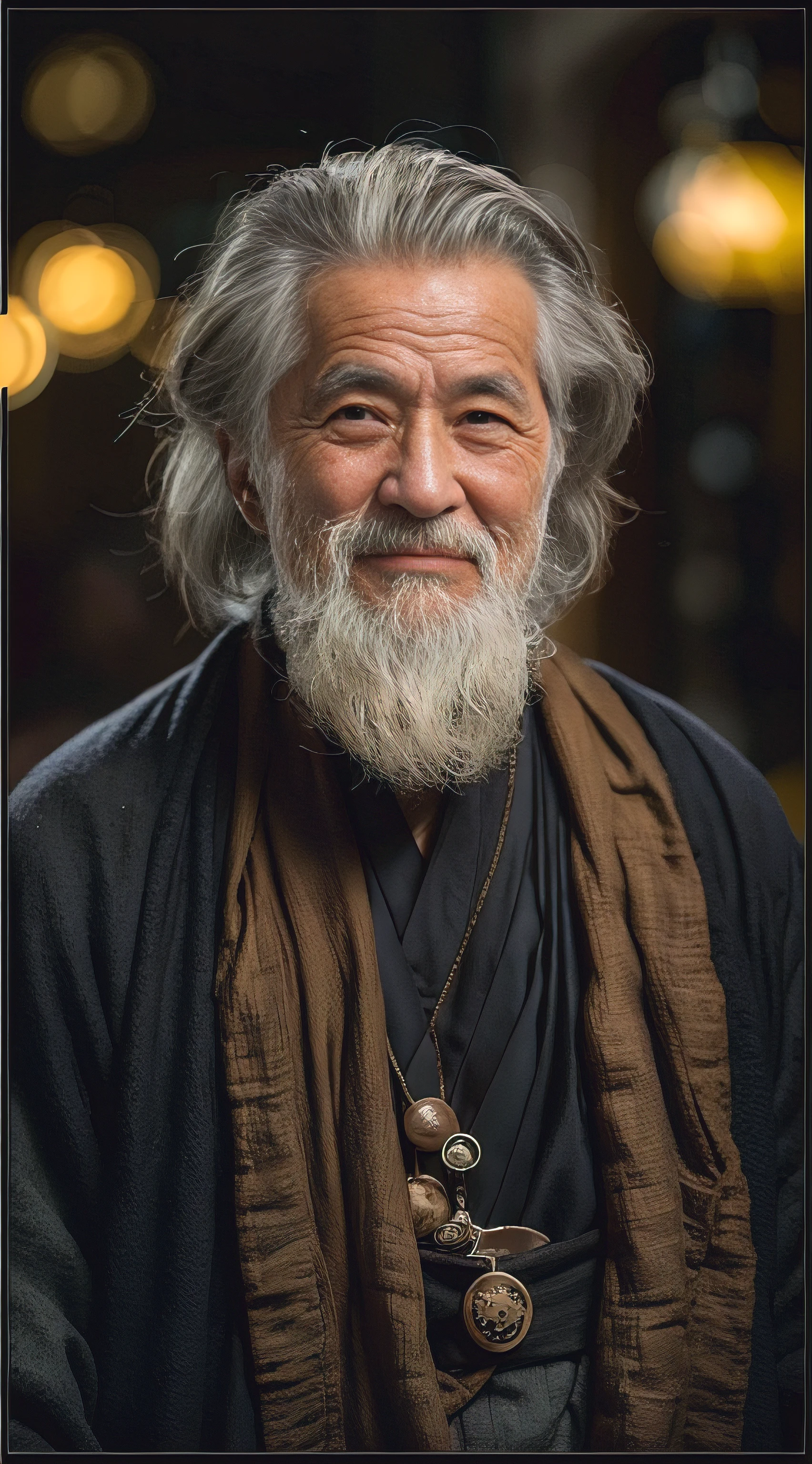 An old man，Wearing a monk's robe，Face to the camera，The expression is kind