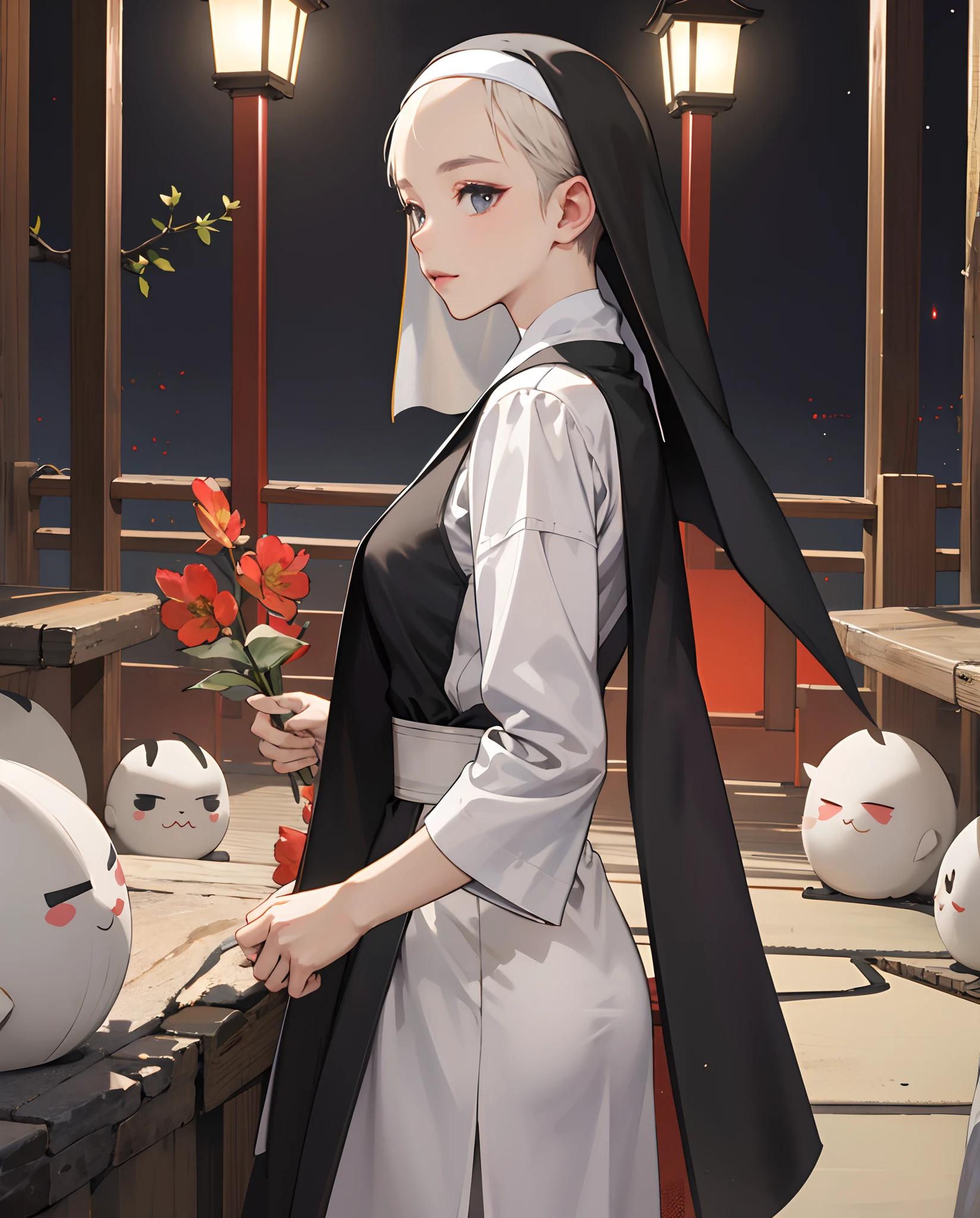 Anime girl with a nun outfit and a knife in a room - SeaArt AI