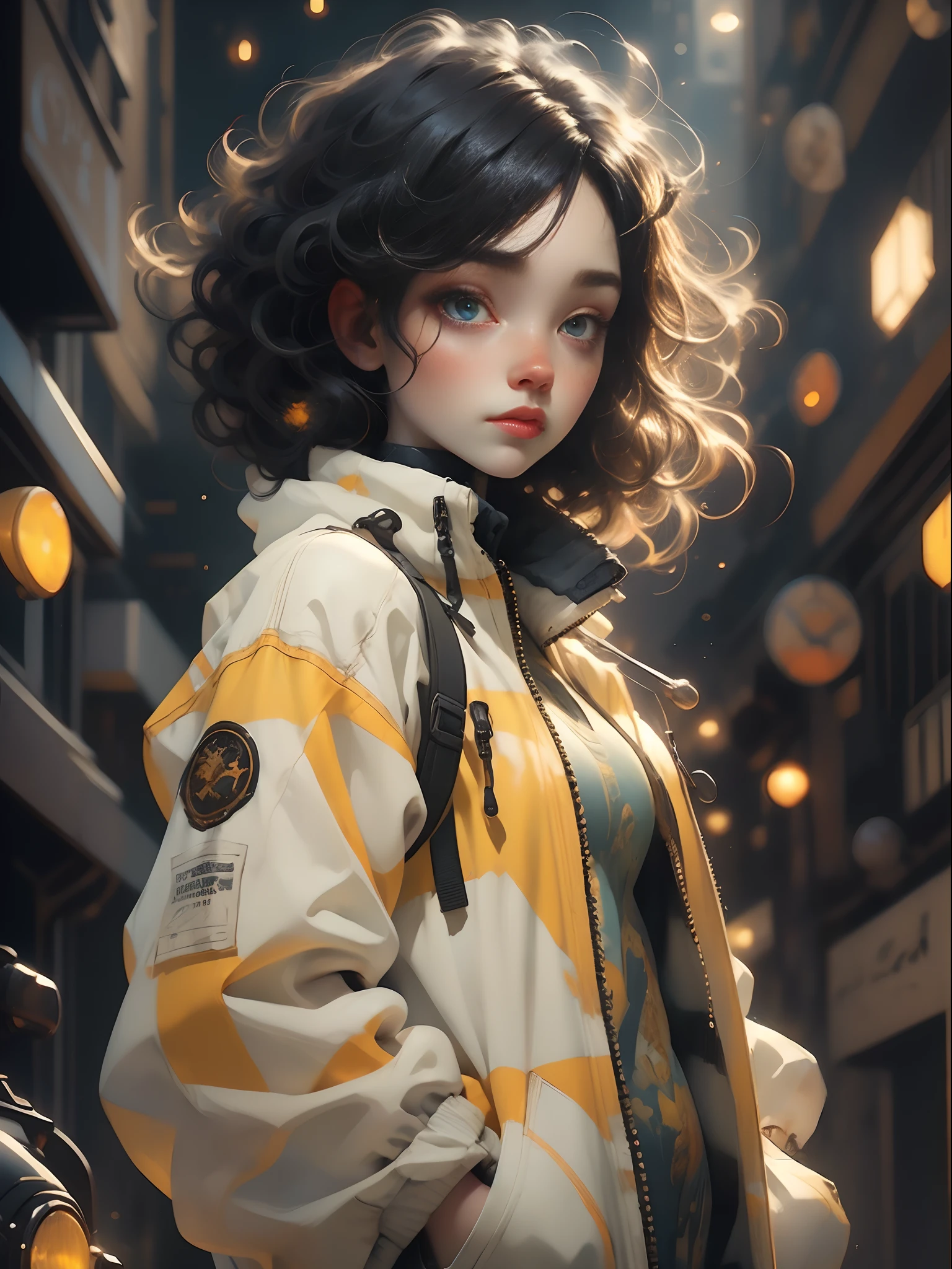 A girl, yellow jacket, hands in pockets, staring at another person, long black hair, heterochromic eyes, heterochromic eyes, heterochromic pupils, 8k resolution, very detailed, anatomically correct, digital painting, concept art, Makoto Shinkai style, clear picture,