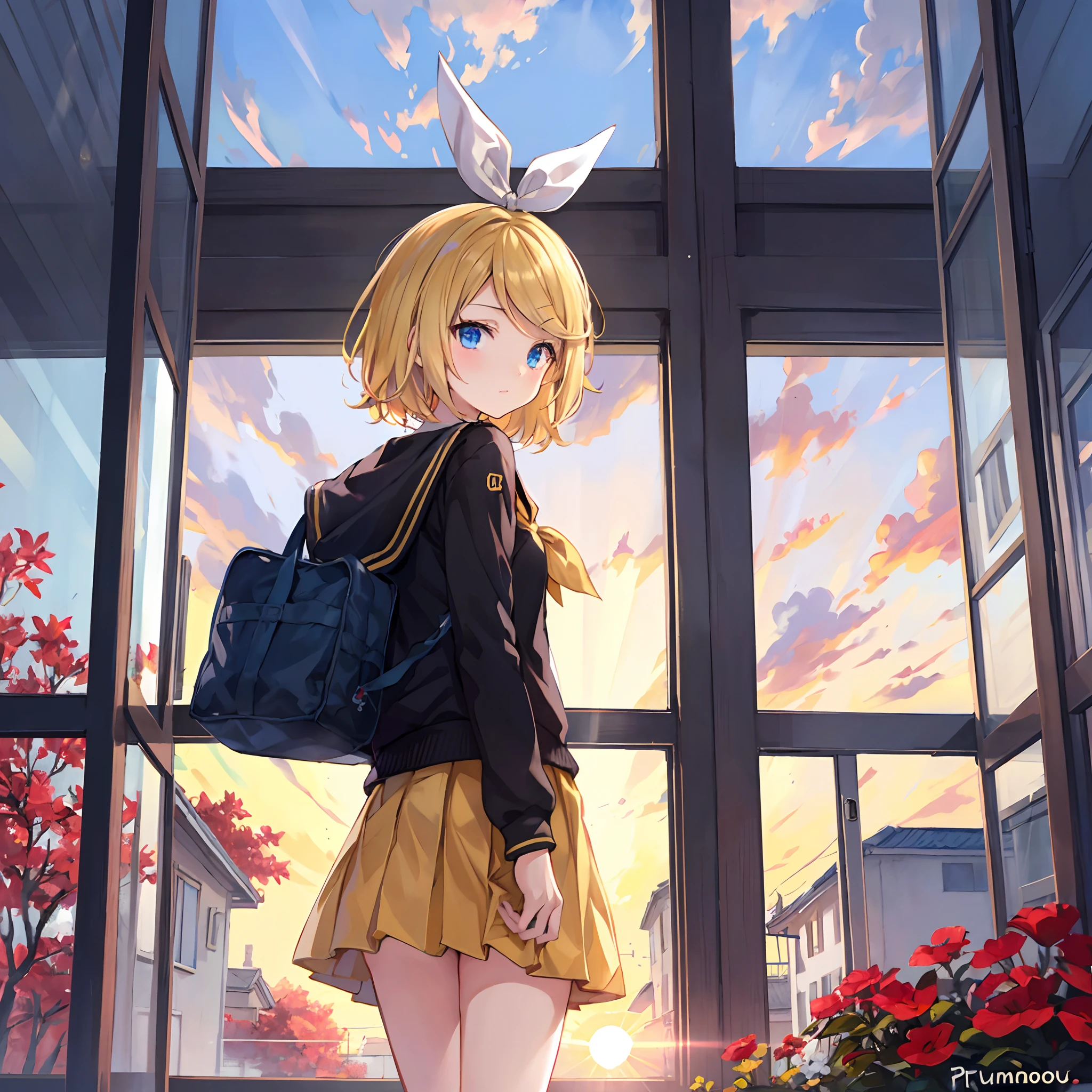 Anime girl with a backpack looking out a window at the sunset - SeaArt AI