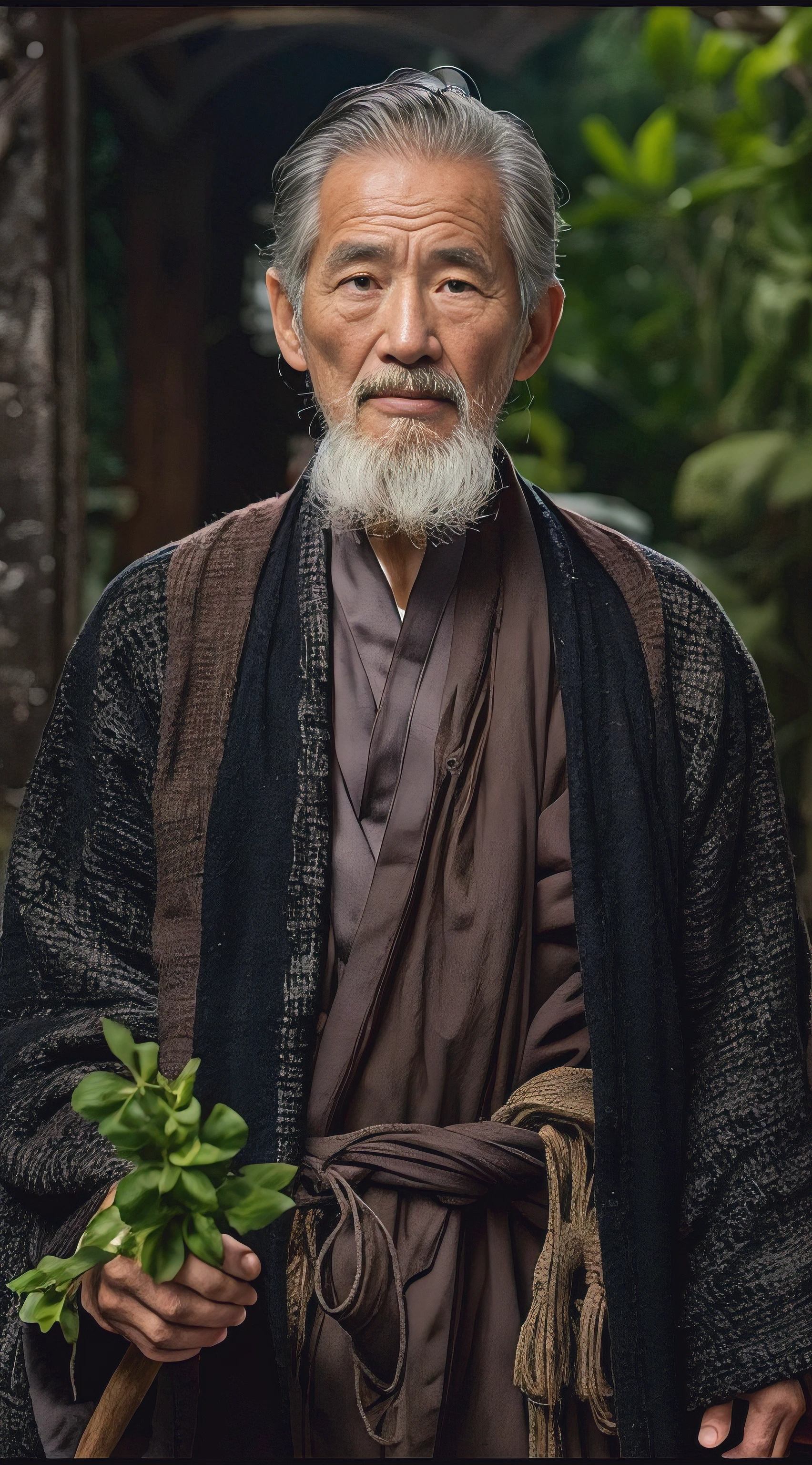 An old man，Wearing a monk's robe，Face to the camera，The expression is kind