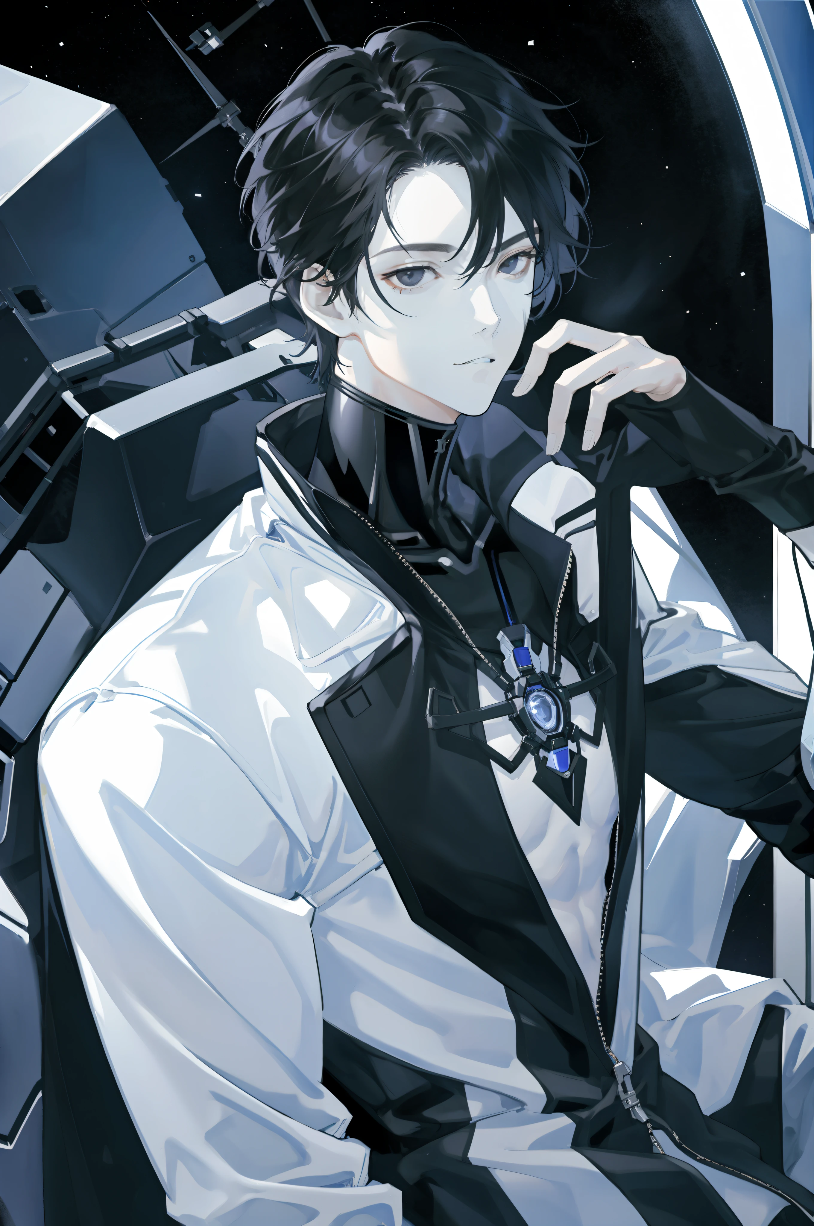 Anime boy with black hair and white shirt sitting in a chair - SeaArt AI