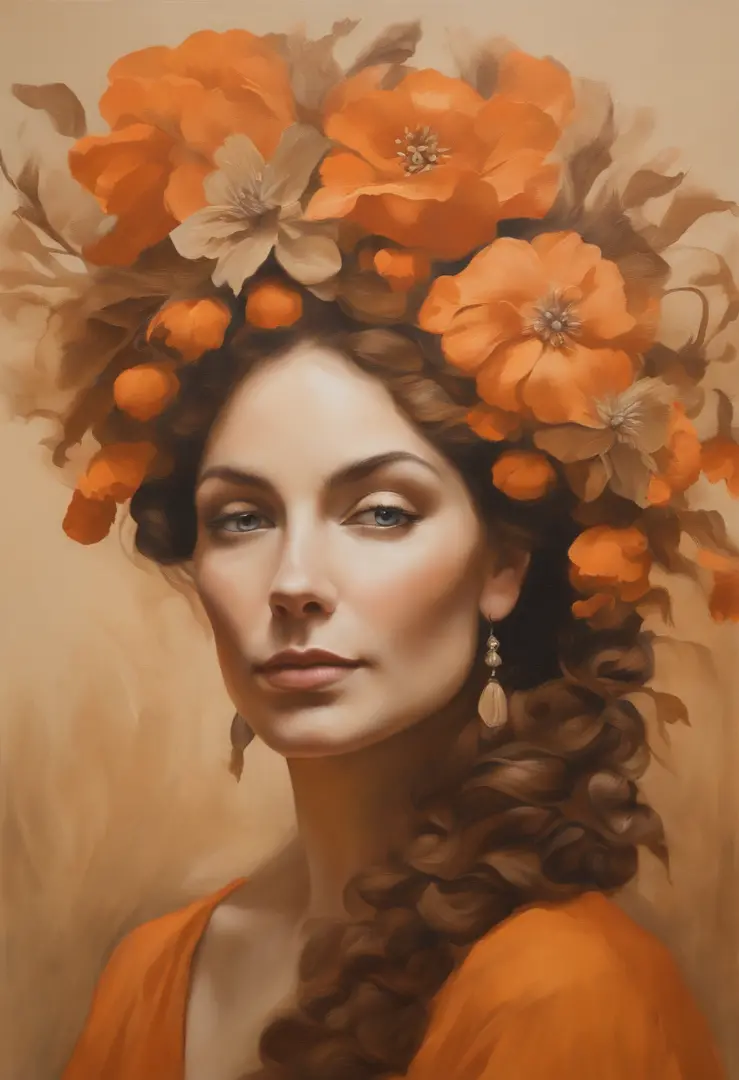 lady with flowers on her head is an acrylic painting, in the style of lucy glendinning, tony diterlizzi, organic and naturalistic compositions, floral explosions, ferris plock, light orange and brown, serene faces --ar 3:4 -