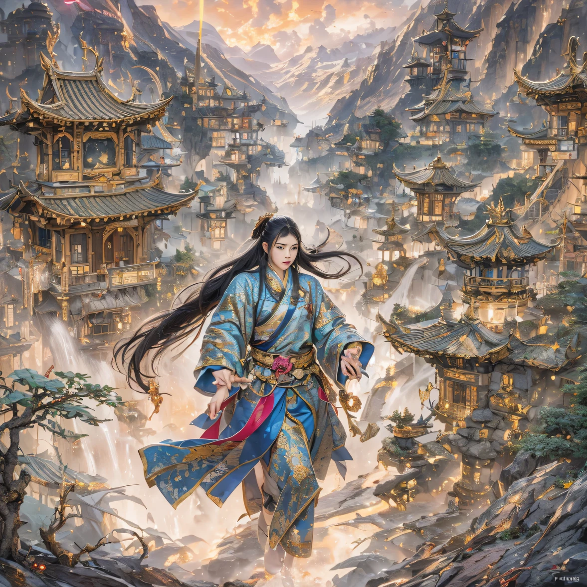 Fly into the fairy realm, Chance encounter with Liu Hanshu, He saw in him his former self, It was decided to take him as an apprentice, Teach him how to protect himself, But because of the Tibetan star map, He established relationships with the Liu family and the Jade Sword Sect, It opens with the death of Liu Hanshu, Qin Yu embarked on the road of confrontation with a strong enemy, Working hard, Make yourself stronger, Stick to your own core path of justice, I also want to protect the people I care about, The three brothers took off, And embarked on a long journey to find a good brother, Qin Yu, Where are Xiao Hei and Hou Fei（canyons）Climb the streets（Doomsday Stream）eyes filled with angry，He clenched his fists，Rush up，Deliver a fatal blow to your opponent，full bodyesbian，Full Body Male Mage 32K（Masterpiece Canyon Ultra HD）Long flowing black hair，Campsite size，zydink， The wounded lined up in the streets（canyons）Climb the streets， The scene of the explosion（canyons）， （Linen batik scarf）， Angry fighting stance， looking at the ground， Batik linen bandana， Chinese python pattern long-sleeved garment， canyons（Abstract propylene splash：1.2）， Dark clouds lightning background，Flour flies（realisticlying：1.4），Black color hair，Flour fluttering，rainbow background， A high resolution， the detail， RAW photogr， Sharp Re， Nikon D850 Film Stock Photo by Jefferies Lee 4 Kodak Portra 400 Camera F1.6 shots, Rich colors, ultra-realistic vivid textures, Dramatic lighting, Unreal Engine Art Station Trend, cinestir 800，Flowing black hair,（（（Jungle Canyon）））The wounded lined up in the streets（vale）Climb the streetovie master real-time image quality