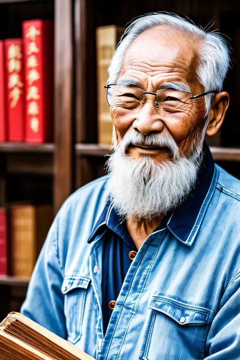 An old man with traditional Chinese thinking，Real frontal photos，Authentic background，The background is nature，holding books，wor...