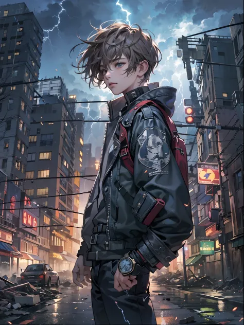 1boy,a 13 yo boy、post apocalyptic steampunk Boy、The beginning of the adventure、(Lightning:1.5)、Lots of dark clouds, metal fragments and debris blowing in the wind, 、Movie dystopia、A group of very tall abandoned skyscrapers stands in the center、Very complex...