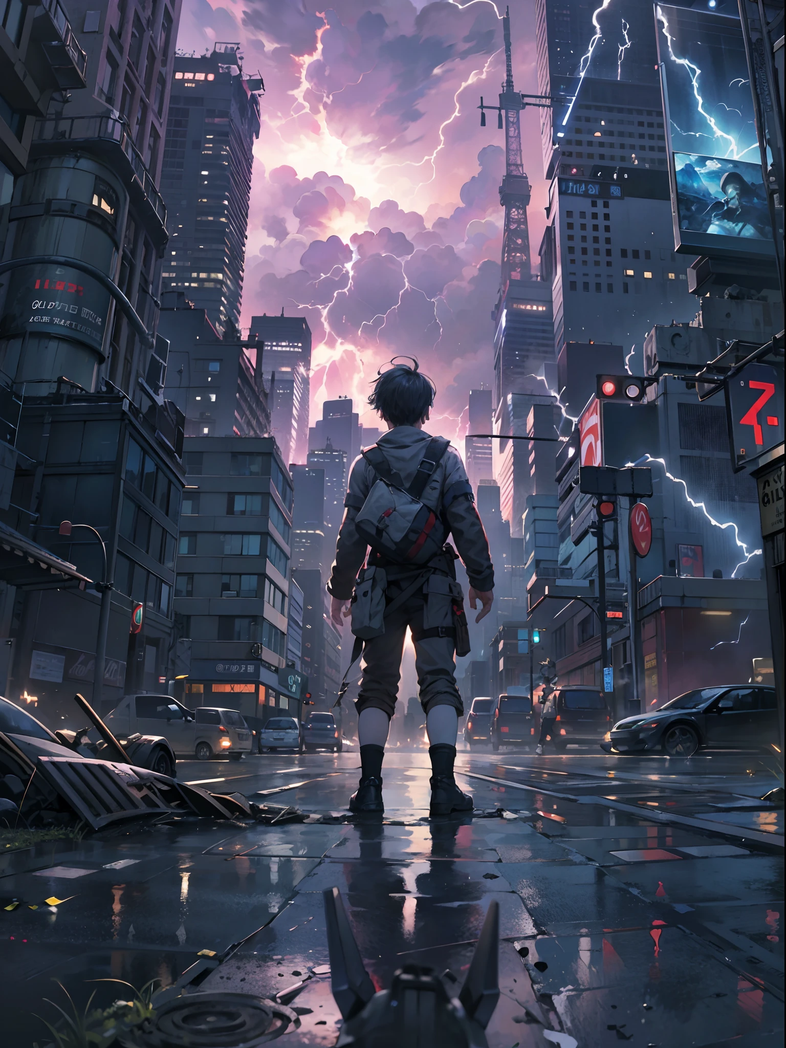 1boy,a 13 yo boy、post apocalyptic steampunk Boy、The beginning of the adventure、(Lightning:1.5)、Lots of dark clouds, metal fragments and debris blowing in the wind, 、Movie dystopia、A group of very tall abandoned skyscrapers stands in the center、Very complex cityscape, street signs, Blue lighting,Dark road、Beautiful and fantastic scenery、Cinematic scenery、incredibly detailed 、8K HD, perfect masterpiece, best quality, best resolution