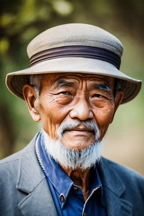 An old man with traditional Chinese thinking，Real frontal photos，Authentic background，The background is nature，holding books，wor...