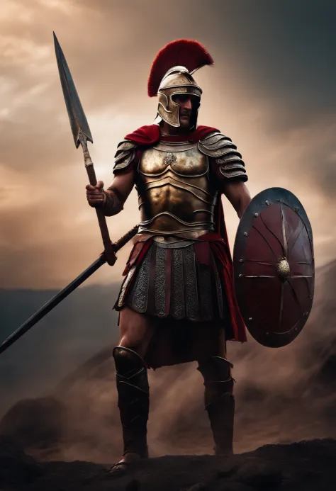 Roman warrior, dying , bloody armor, on battlefield, standing with a spear, epic, 8k
