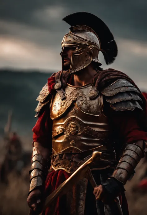 Roman warrior, dying , bloody armor, on battlefield, standing with a spear, epic, 8k