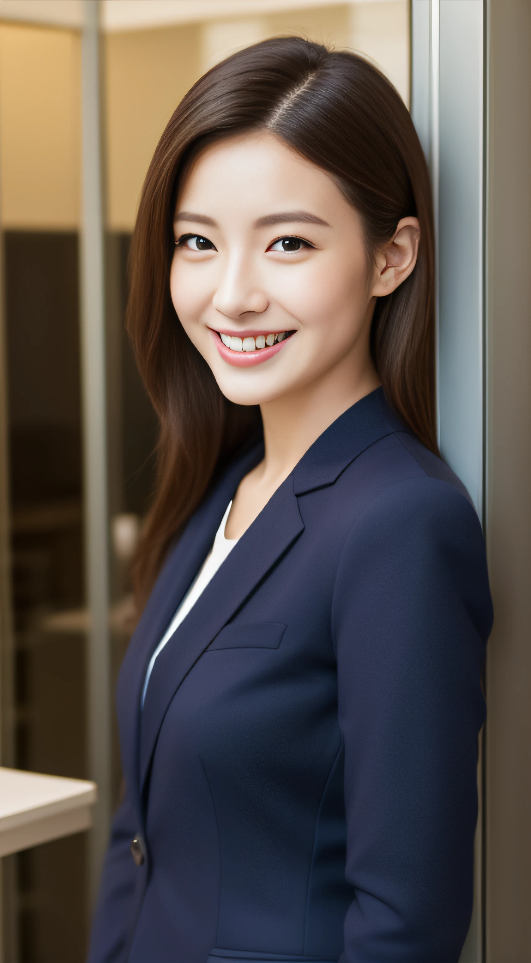 The face is a hostess、The clothes are navy blue business suits high quality、A hyper-realistic、healthy、Smiling expression、Slender perfect figure、Japan beauties、beautidful eyes、face perfect、Beautiful skin、from side、Background is an office on a high floor