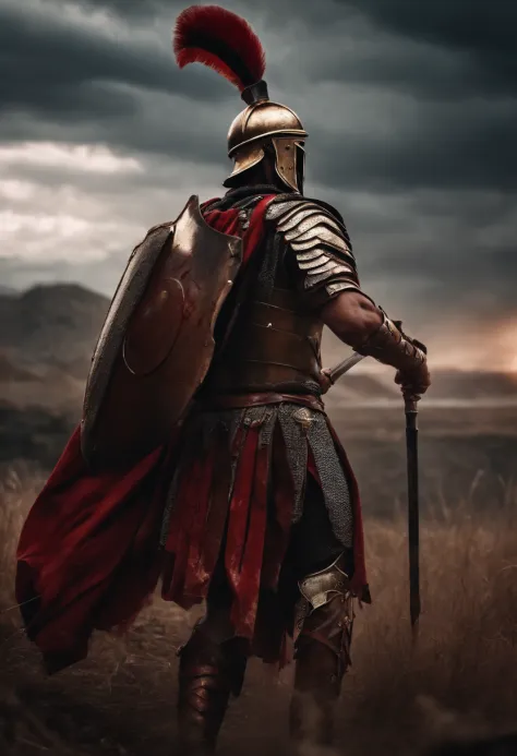 Roman centurion warrior, dying , bloody armor, on battlefield, standing with a spear, epic, 8k