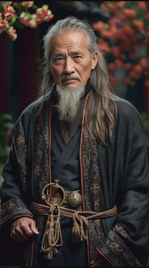 An old man，Wearing a monk's robe，Face to the camera，The expression is kind