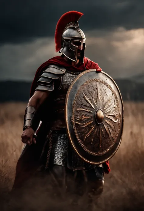 Roman warrior, dying , bloody armor, on battlefield, standing with a spear, epic, 8k, he is holding hellma in his hand, without a helmet, he holds roman shield