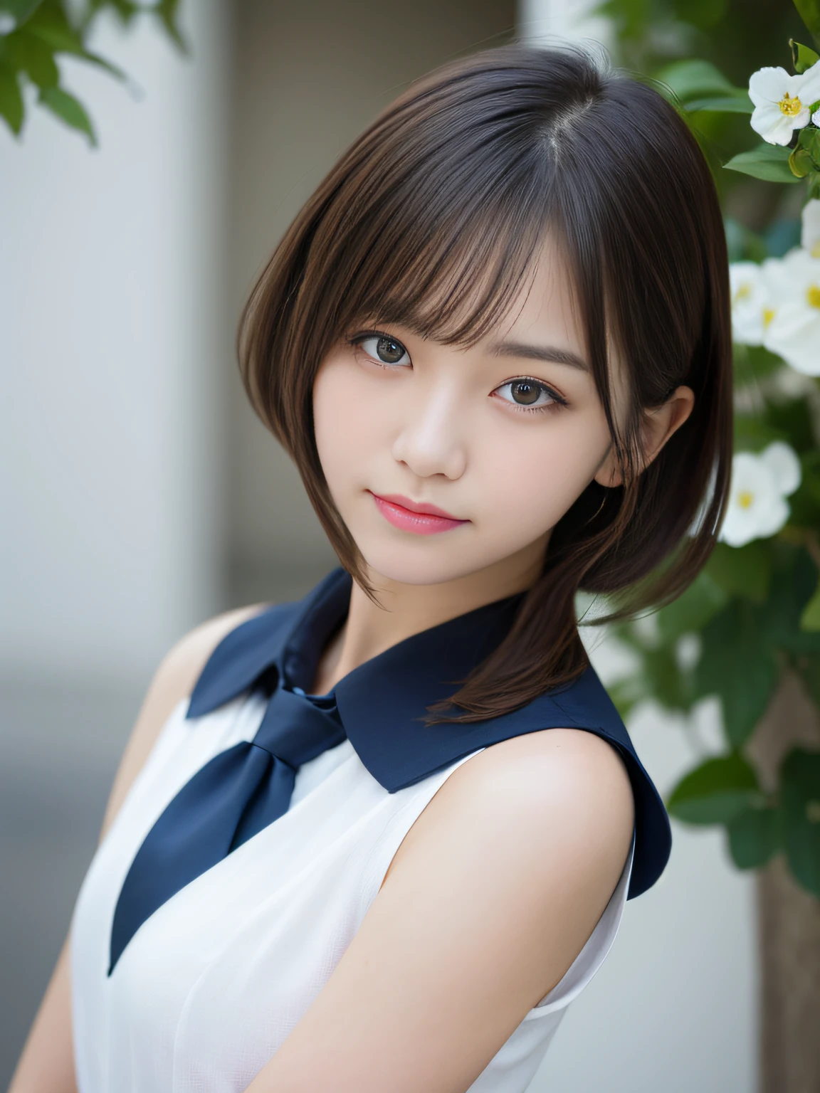 (masutepiece, Best Quality:1.2), 8K, 18-year-old student, 85mm, Official Art, Raw foto, absurderes, white dress shirt, Pretty face, close-up, Violaceas, gardenia, a beauti, school uniformss, (navy Pleats Skirt:1.1), Cinch West, Thighs thighs Thighs, Half-sleeved, looking up at viewer, no make-up, (Smile:0.4), film grain, Chromatic abbreviations, Sharp focus, face light, Clear lighting, adolescent, Detailed face, boke background, (Dark red tie:1.1)、韓国アイドル、乃木坂アイドル、hposing Gravure Idol、Adults、pornstar、cute little、