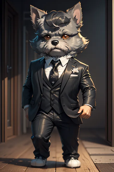 (Man in black suit and tie)Cartoon Anthropomorphic Miniature Schnauzer Dog