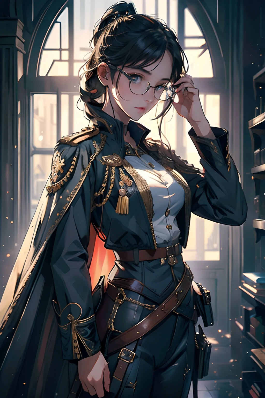 Beautiful portrait of Hengeott, 1girll, Solo, Jacket, Glasses, Cape, paradis_Military_uniform, voluminetric lighting, Best quality, Masterpiece, Intricate details, Tone-mapping, Sharp focus, ultra - detailed, trending on artstationh,