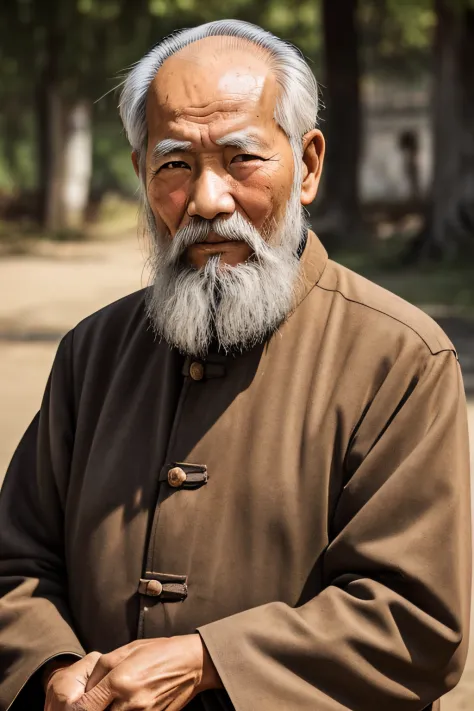 An old man with traditional Chinese thinking，Real frontal photos，Authentic background，The background is nature，holding books，wor...