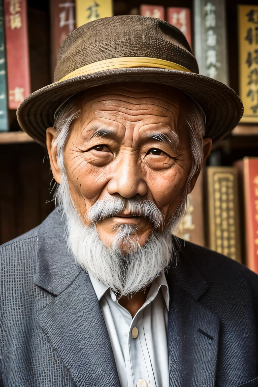 An old man with traditional Chinese thinking，Real frontal photos，Authentic background，The background is nature，holding books，worn-out clothing，Face full of wrinkles，80 years old Chinese medicine practitioner，Wise eyes，The beard is white，male people，country style，Leave the top of your head empty