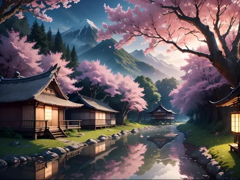 In a world where technology and nature coexist, a serene anime landscape unfolds before your eyes. Towering, ancient cherry blossom trees form a lush forest, their delicate pink petals gently falling in the breeze. The clear blue sky overhead serves as a c...