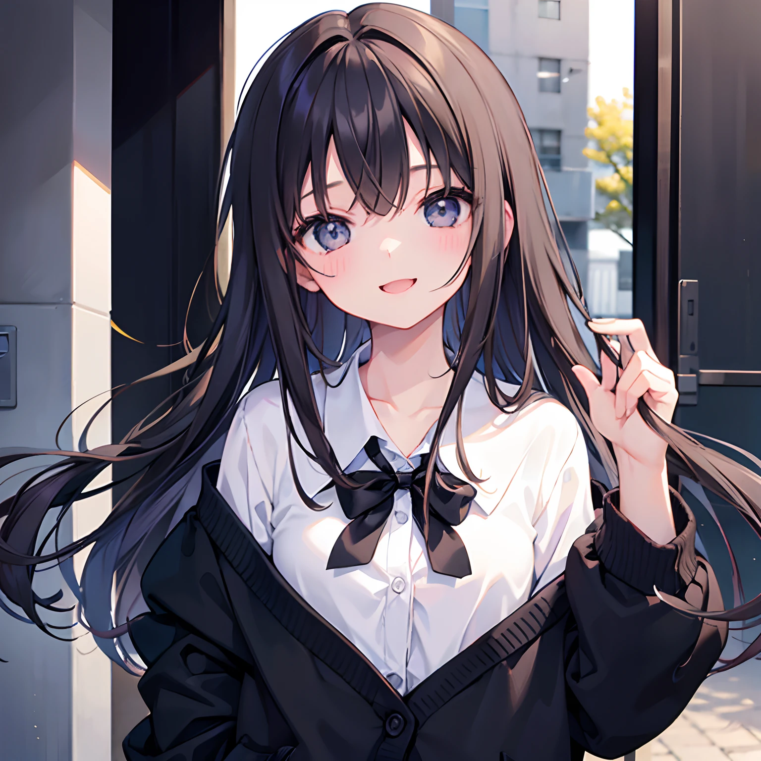 girl with、1 persons、18year old、Dark hair、Black eyes、length hair、Big smile、happy facial expression、Smaller chest、Pupils、Uniforms、cardigan、Read picture books