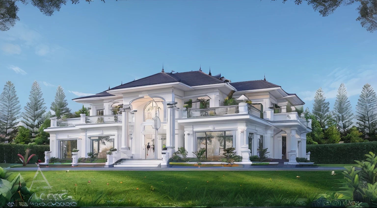 RAW photo,Masterpiece, high quality, best quality, authentic, super detail, exterior,  one villa style Neoclassic, (Modern minimalist lines:1.2),(white wall:1.1), railing glass, glass windows,trees, grass, ((sunset)), sky, vivid colour, (high detailed :1.2), 8k uhd, dslr, soft lighting, high quality, film grain, Fujifilm XT3