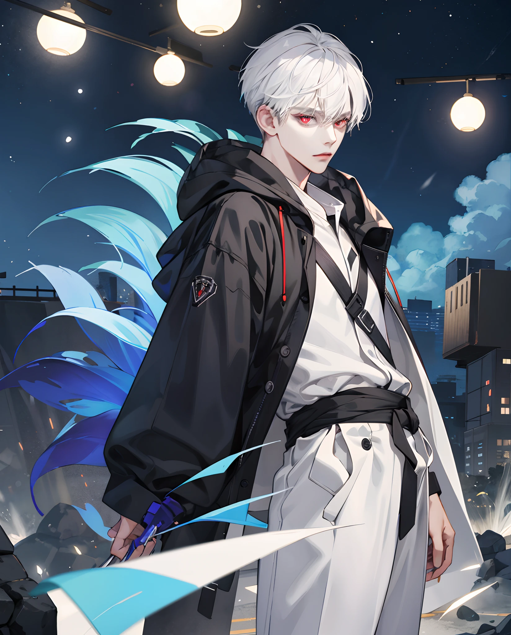 Anime guy with white hair and blue eyes standing in front of a city -  SeaArt AI