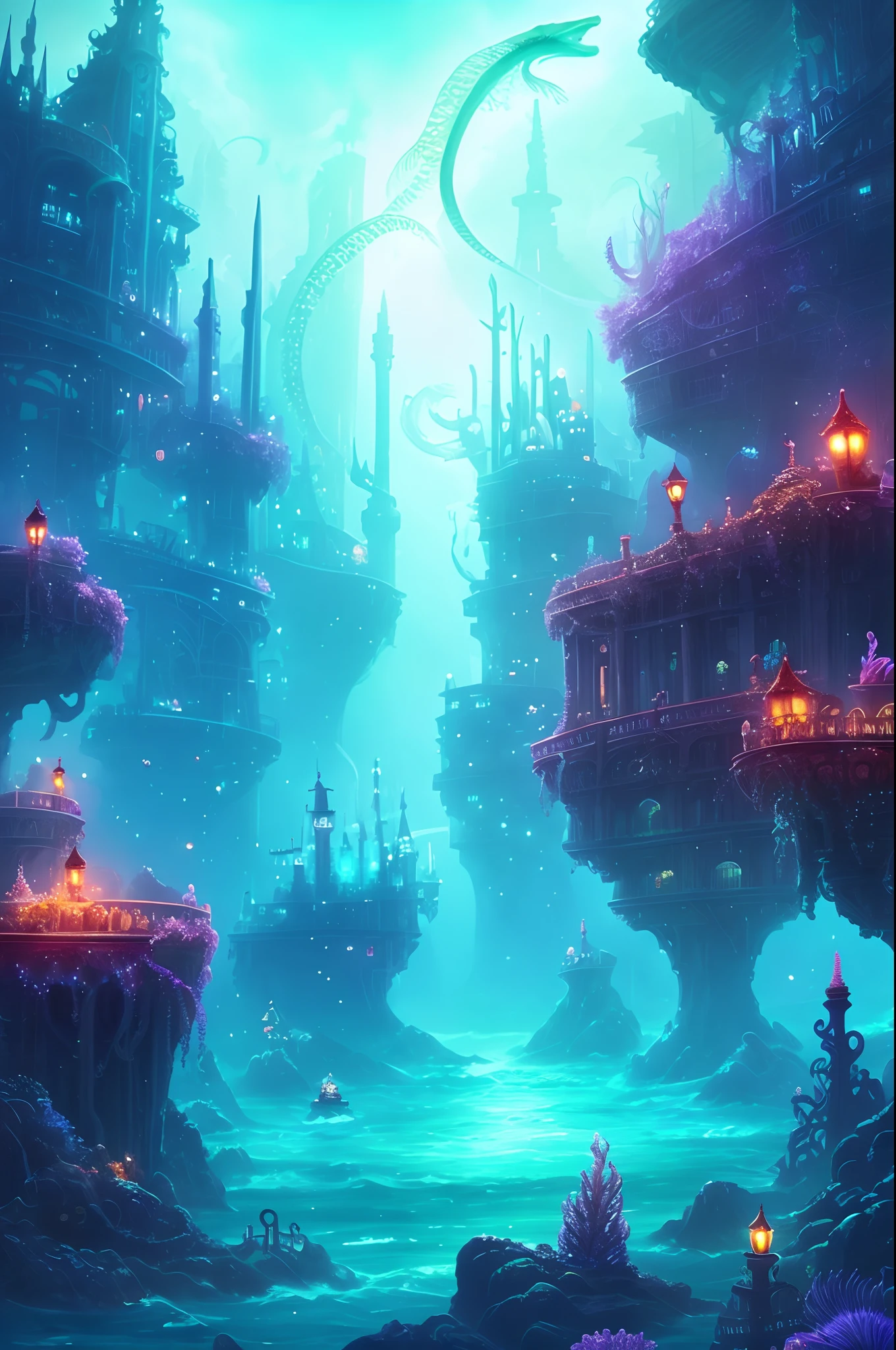 Deep Sea City，dream magical，Fantasy creatures，Fog，Pipefish