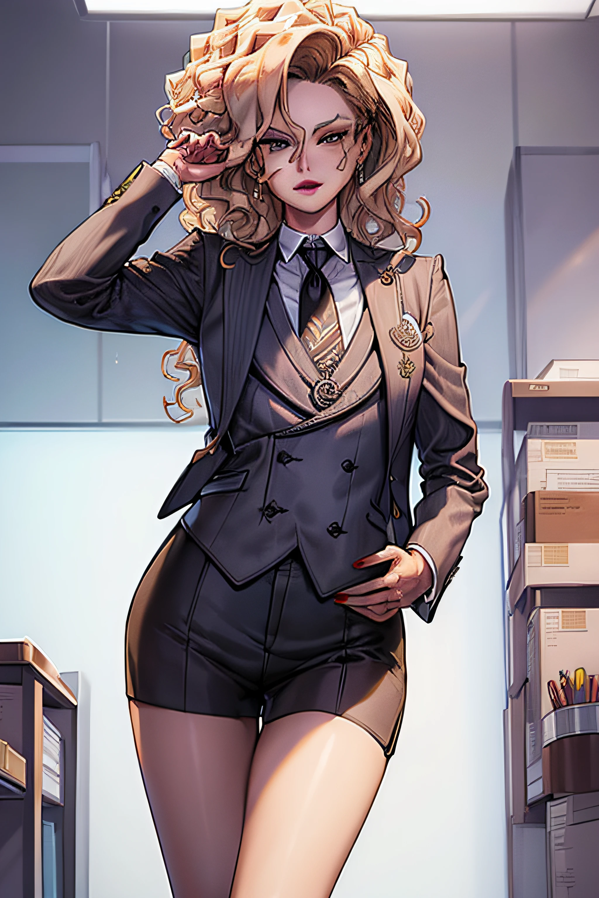 (Masterpiece, Best Quality, High Quality:1.4), professional artwork, well drawn, Intricate Details, field of view, sharp focus, detailed painting, masterpiece, cinematic lighting, trending on pixiv, vivid lighting, vibrant colors, by by Nagasawa Rosetsu,
MadamePresident, mature female, milf, standing, hands on waist, office background, afternoon, full body shot,
blonde hair, long hair, wavy hair, lipstick, makeup, ultra detail hair, ultra detail face, perfect eyes, perfect face, earring, brown eyes, Looking at Viewer, flirting, smiling,
skirt suit, (((three-piece suit))), necktie, blazer, (((suit jacket))), (((waistcoat))), double-breasted waistcoat, (((miniskirt))), (((pencil skirt))), tie clip, pocket square, pocket watch, pantyhose, high heels
red nails, nail polish,