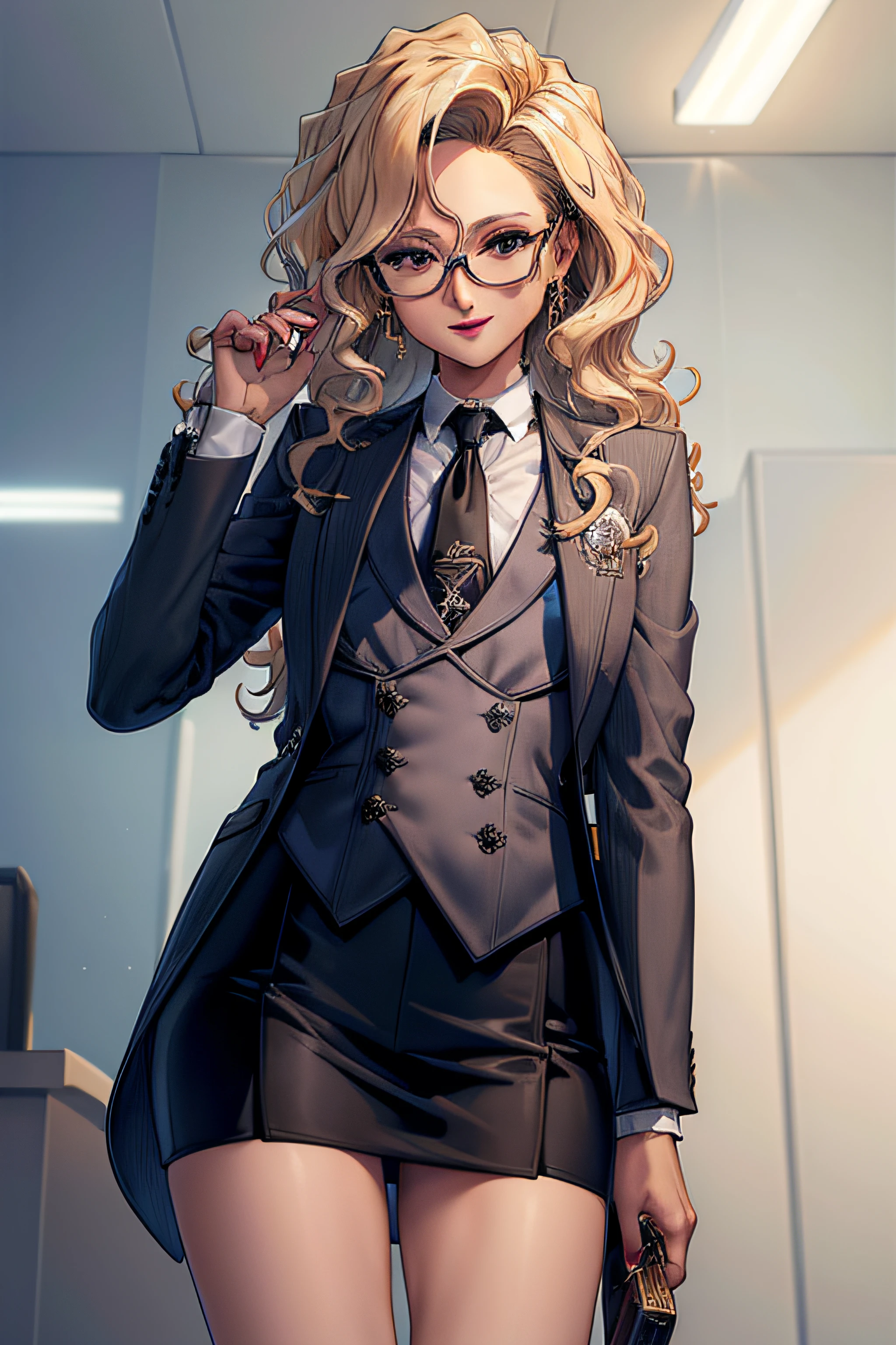 (Masterpiece, Best Quality, High Quality:1.4), professional artwork, well drawn, Intricate Details, field of view, sharp focus, detailed painting, masterpiece, cinematic lighting, trending on pixiv, vivid lighting, vibrant colors, by by Nagasawa Rosetsu,
MadamePresident, mature female, milf, standing, hands on waist, office background, afternoon, full body shot,
blonde hair, long hair, wavy hair, lipstick, makeup, ultra detail hair, ultra detail face, perfect eyes, perfect face, earring, brown eyes, Looking at Viewer, flirting, smiling,
skirt suit, (((three-piece suit))), necktie, blazer, (((suit jacket))), (((waistcoat))), double-breasted waistcoat, (((miniskirt))), (((pencil skirt))), skirt, tie clip, pocket square, pantyhose, high heels, glasses
red nails, nail polish,