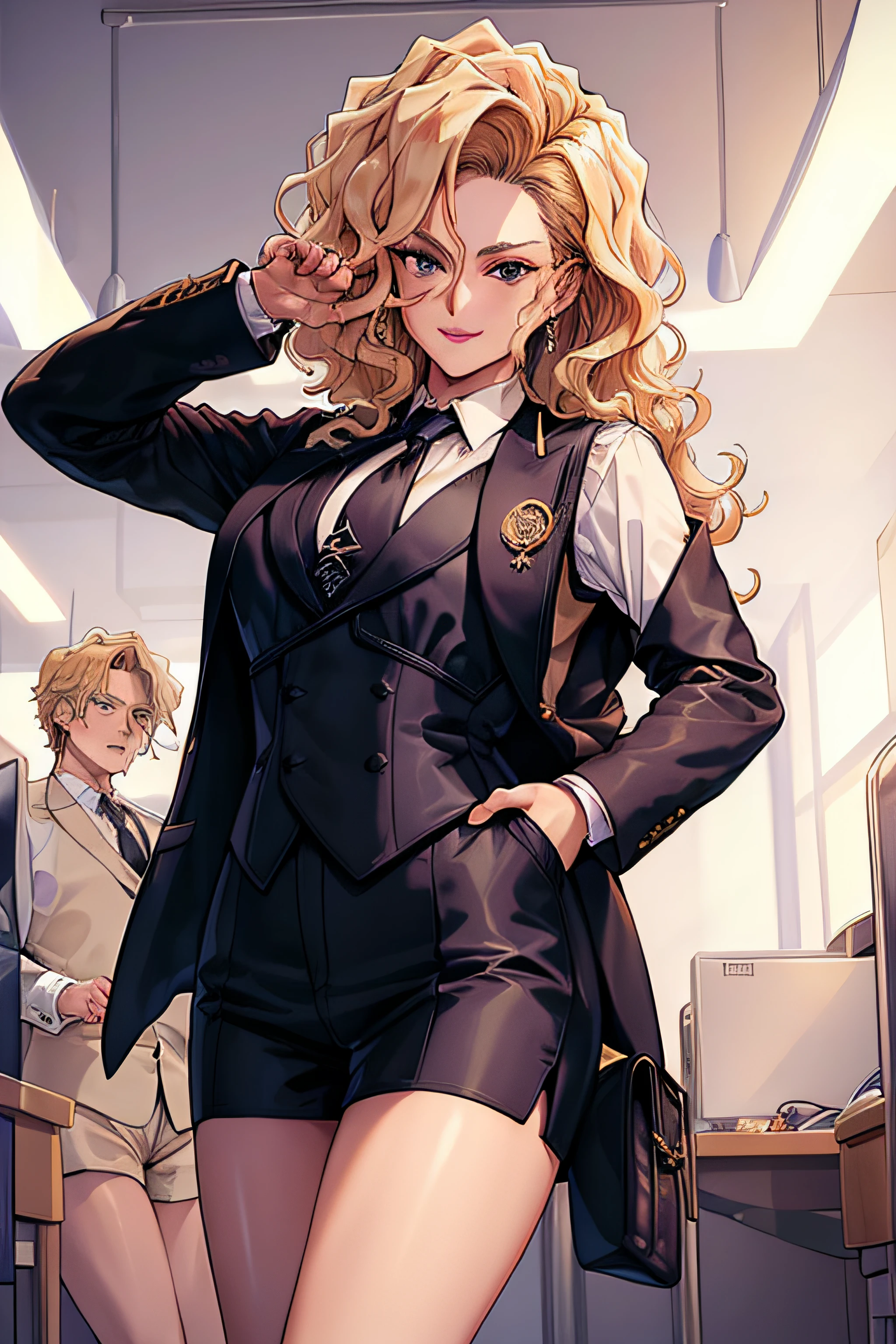 (Masterpiece, Best Quality, High Quality:1.4), professional artwork, well drawn, Intricate Details, field of view, sharp focus, detailed painting, masterpiece, cinematic lighting, trending on pixiv, vivid lighting, vibrant colors, by by Nagasawa Rosetsu,
MadamePresident, mature female, milf, standing, hands on waist, office background, afternoon, full body shot,
blonde hair, long hair, wavy hair, lipstick, makeup, ultra detail hair, ultra detail face, perfect eyes, perfect face, earring, brown eyes, Looking at Viewer, flirting, smiling,
skirt suit, (((three-piece suit))), necktie, blazer, (((suit jacket))), (((waistcoat))), double-breasted waistcoat, ((bodycon miniskirt)), pencil skirt, tie clip, pocket square, pocket watch, pantyhose, high heels
red nails, nail polish,