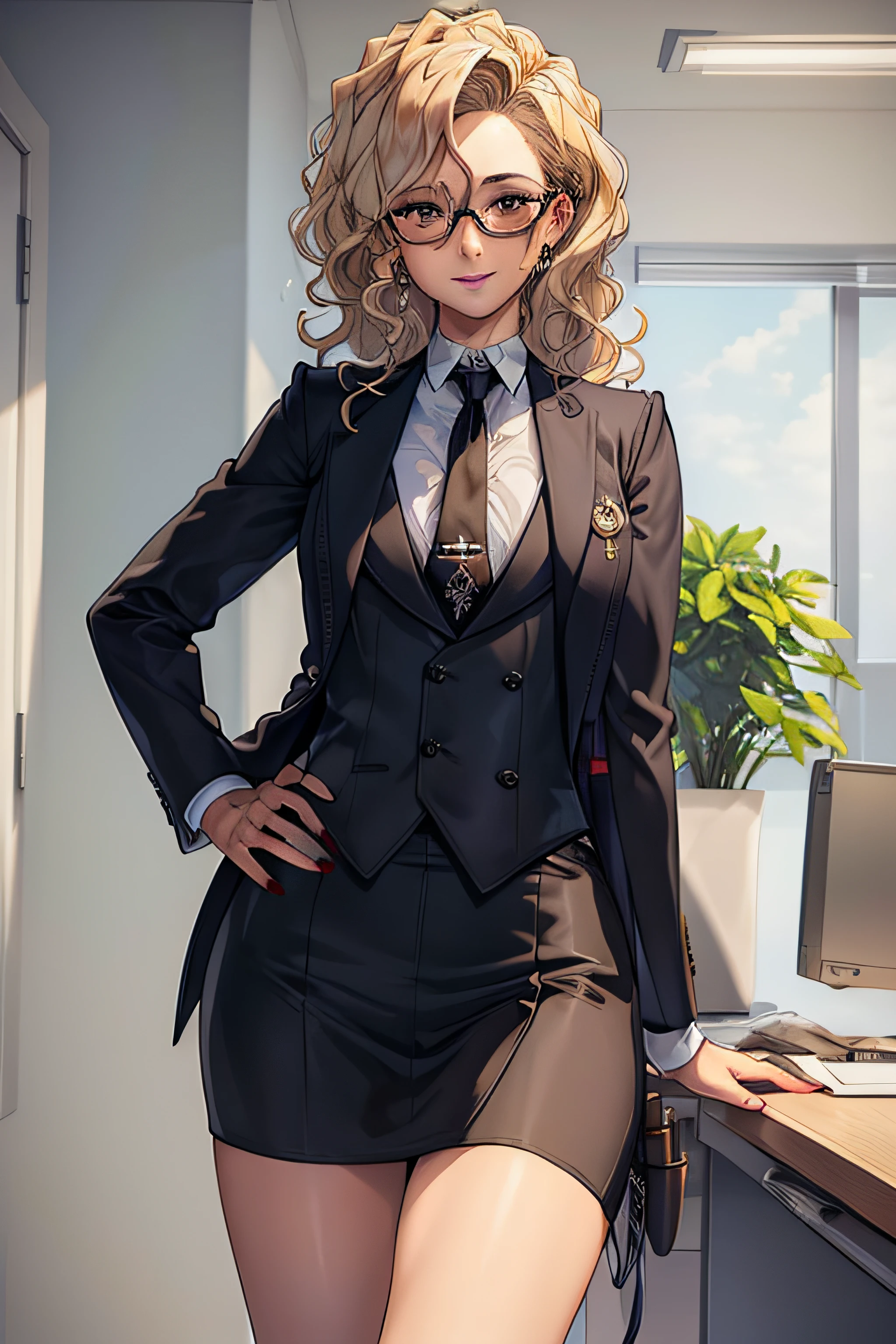 (Masterpiece, Best Quality, High Quality:1.4), professional artwork, well drawn, Intricate Details, field of view, sharp focus, detailed painting, masterpiece, cinematic lighting, trending on pixiv, vivid lighting, vibrant colors, by by Nagasawa Rosetsu,
MadamePresident, mature female, milf, standing, hands on waist, office background, afternoon, full body shot,
blonde hair, long hair, wavy hair, lipstick, makeup, ultra detail hair, ultra detail face, perfect eyes, perfect face, earring, brown eyes, Looking at Viewer, flirting, smiling,
skirt suit, (((three-piece suit))), necktie, blazer, (((suit jacket))), (((waistcoat))), double-breasted waistcoat, (((miniskirt))), (((pencil skirt))), stockings, skirt, tie clip, pocket square, pantyhose, high heels, glasses, cufflinks
red nails, nail polish,