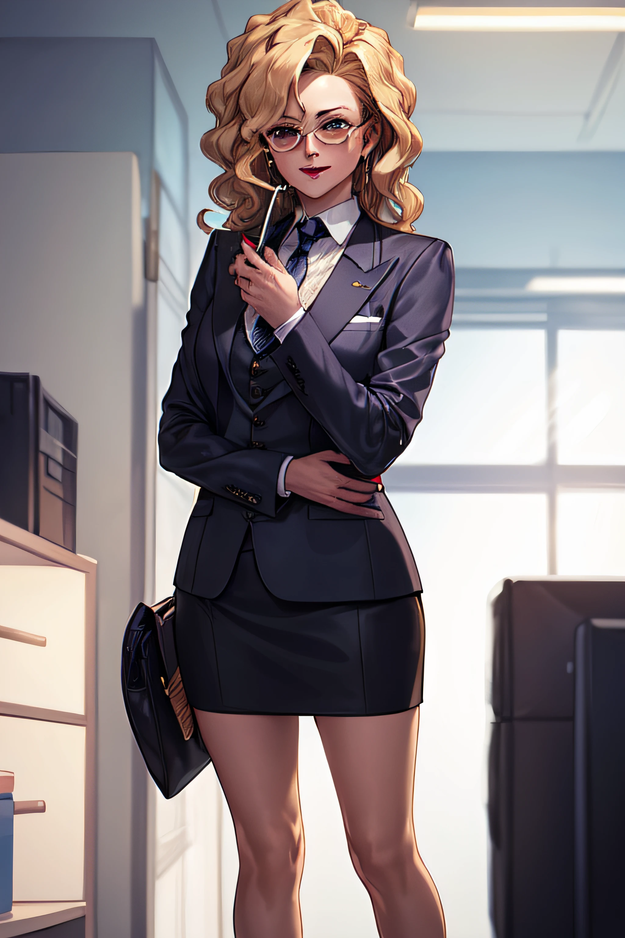 (Masterpiece, Best Quality, High Quality:1.4), professional artwork, well drawn, Intricate Details, field of view, sharp focus, detailed painting, masterpiece, cinematic lighting, trending on pixiv, vivid lighting, vibrant colors, by by Nagasawa Rosetsu,
MadamePresident, mature female, milf, standing, hands on waist, office background, afternoon, full body shot,
blonde hair, long hair, wavy hair, lipstick, makeup, ultra detail hair, ultra detail face, perfect eyes, perfect face, earring, brown eyes, Looking at Viewer, flirting, smiling,
skirt suit, (((three-piece suit))), necktie, blazer, (((suit jacket))), (((waistcoat))), double-breasted waistcoat, (((miniskirt))), (((pencil skirt))), stockings, skirt, tie clip, pocket square, pantyhose, high heels, glasses, cufflinks,
red nails, nail polish,