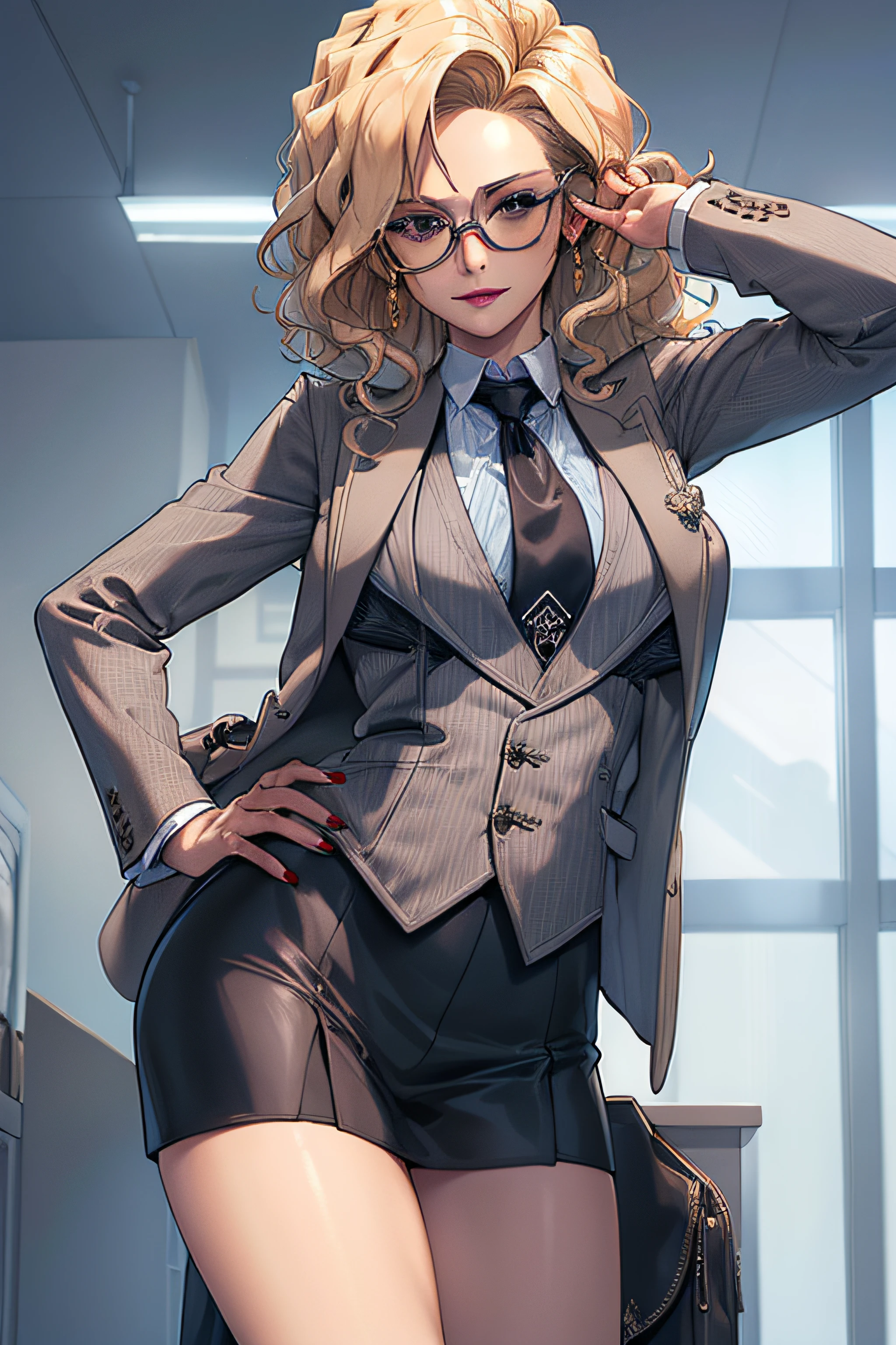 (Masterpiece, Best Quality, High Quality:1.4), professional artwork, well drawn, Intricate Details, field of view, sharp focus, detailed painting, masterpiece, cinematic lighting, trending on pixiv, vivid lighting, vibrant colors, by by Nagasawa Rosetsu,
MadamePresident, mature female, milf, standing, hands on waist, office background, afternoon, full body shot,
blonde hair, long hair, wavy hair, lipstick, makeup, ultra detail hair, ultra detail face, perfect eyes, perfect face, earring, brown eyes, Looking at Viewer, flirting, smiling,
grey skirt suit, (((three-piece suit))), necktie, blazer, (((suit jacket))), (((waistcoat))), double-breasted waistcoat, (((miniskirt))), (((pencil skirt))), stockings, skirt, tie clip, pocket square, pantyhose, high heels, glasses, cufflinks,
red nails, nail polish,